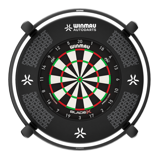 Winmau Autodarts X autoscoring system Gezeigt wird das Winmau Autodarts X Autoscoring-System. Das Gerät erleichtert das Zählen der Darts-Punkte durch seine automatische Erkennung.