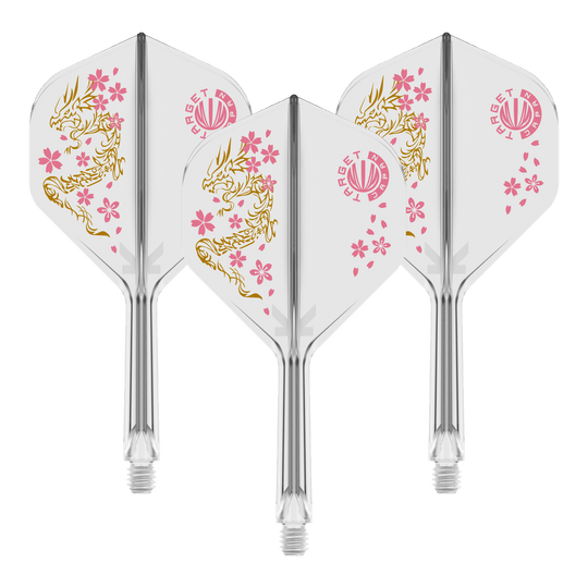Das Bild zeigt drei Dartflights des Produkts "Target Japan K-Flex Smash No2 Standard Flight-Shaft-System". Die Flights sind weiß mit einem goldenen Drachendesign und rosa Kirschblüten verziert.