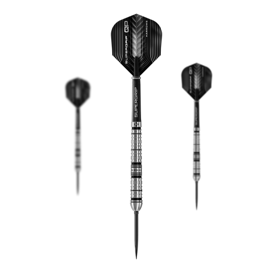 Harrows Supergrip Tapered Quick Point Steel Darts Das Produktbild präsentiert die Harrows Supergrip QP Tapered Quick Point Steeldarts. Diese Darts zeichnen sich durch ihre spezielle Form und hochwertige Verarbeitung aus.