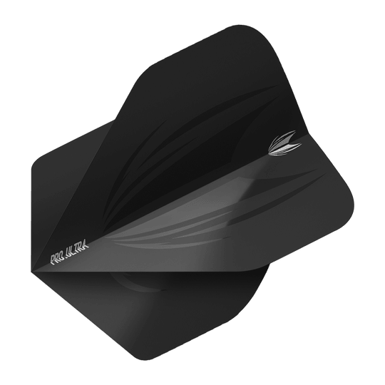 Das Bild zeigt das Produkt "Target ProUltra ID Black No2 Standard Flights". Es handelt sich um ein schwarzes Dart Flight mit dezentem Muster und weißem Aufdruck.