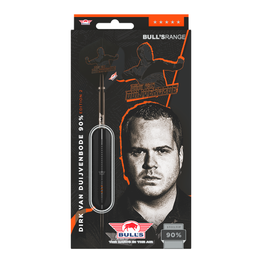 Bulls NL Dirk Van Duijvenbode Edition 2 steel darts Die Abbildung zeigt die Verpackung der "Bulls NL Dirk Van Duijvenbode Edition 2 Steeldarts". Auf der Verpackung ist ein Bild von Dirk Van Duijvenbode sowie ein Dartpfeil zu sehen.