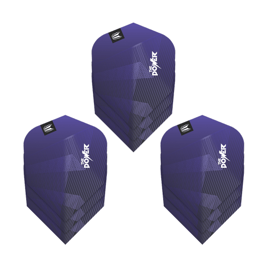 Target Pro Ultra Phil Taylor Power GEN10 Ten-X Flights - 3 Sets Das Bild zeigt drei Sätze der Target Pro Ultra Phil Taylor Power GEN10 Ten-X Flights. Die Flights sind überwiegend lila mit weißen Schriftzügen und grafischen Mustern gestaltet.