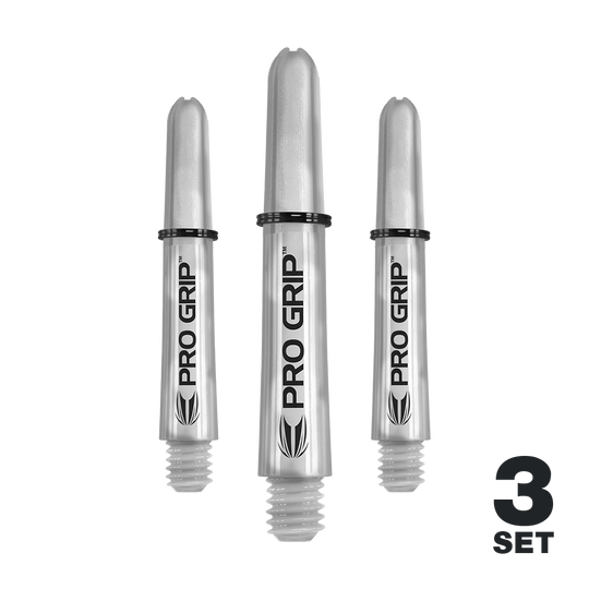 Target Pro Grip Shafts - 3 Sets - Transparent Das Bild zeigt drei transparente Pro Grip Schäfte für Darts. Unten rechts steht "3 Set" als Hinweis auf den Lieferumfang.