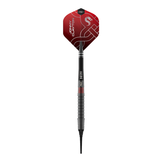 Das Bild zeigt die Red Dragon Jonny Clayton RD-ADV Softdarts - 18g. Ein einzelner Softdart wird von oben präsentiert.