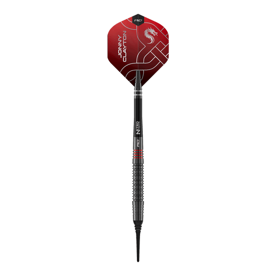 Red Dragon Jonny Clayton RD-ADV soft darts - 18g Das Bild zeigt die Red Dragon Jonny Clayton RD-ADV Softdarts - 18g. Ein einzelner Softdart wird von oben präsentiert.