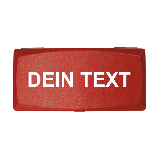 Das Bild zeigt eine rote rechteckige Box mit weißem Text darauf. Auf der Box steht in Großbuchstaben "DEIN TEXT".