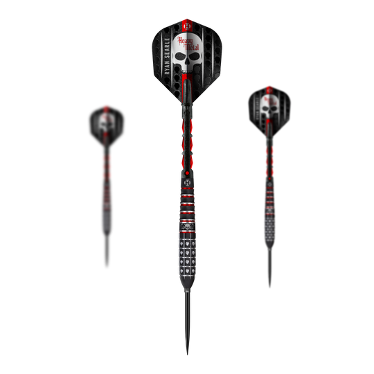 Harrow's Ryan Searle Series 3 Quick Point Steel Darts Das Bild zeigt die Harrows Ryan Searle Series 3 Quick Point Steeldarts. Es handelt sich um ein Set moderner Darts für das Steeldartspiel.