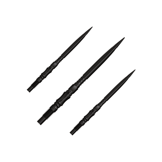 Axis Black Elite Series Dartspitzen in 35mm werden gezeigt. Die Spitzen sind schwarz und filigran.