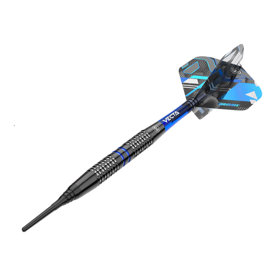 Winmau Galactics soft darts - 20g Das Bild zeigt einen Winmau Galactics Softdart mit einem Gewicht von 20 Gramm. Der Dart ist überwiegend schwarz mit blauen Akzenten und verfügt über ein modernes Design.