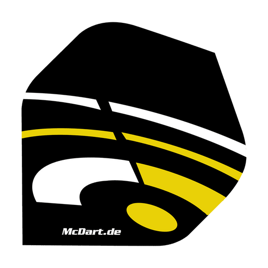 McDart ID Standard Flights - Yellow Das Bild zeigt ein McDart ID Standard Flight in den Farben Schwarz, Gelb und Weiß. Auf dem Flight ist auch die Webseite "McDart.de" aufgedruckt.