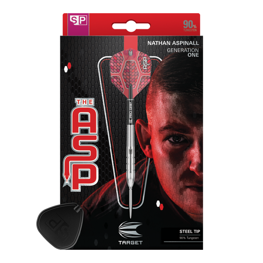 Target Nathan Aspinall GEN1 Swiss Point steel darts Das Bild zeigt die Verpackung der "Target Nathan Aspinall GEN1 Swiss Point Steeldarts". Auf der Verpackung ist ein Steeldart sowie das Porträt eines Mannes abgebildet.