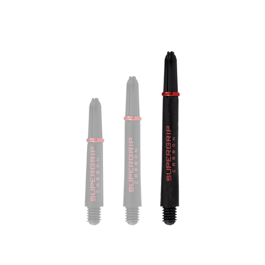 Das Bild zeigt drei schwarze Dartschäfte der Marke Harrows Supergrip Carbon mit roter Aufschrift. Die Schäfte sind in unterschiedlichen Längen dargestellt.