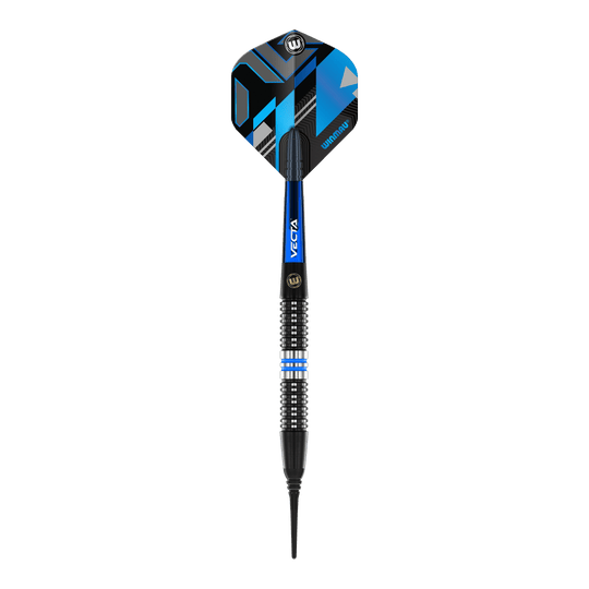 Winmau Galactics soft darts - 20g Das Bild zeigt einen Winmau Galactics Softdart mit einem Gewicht von 20 Gramm. Der Dart hat schwarze, blaue und silberne Akzente sowie eine moderne, geometrische Flight-Gestaltung.