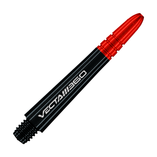 Das Bild zeigt Winmau Vecta Blade360 Shafts in Schwarz mit einer Länge von 40 mm. Die Shafts werden aus einer anderen Perspektive präsentiert.