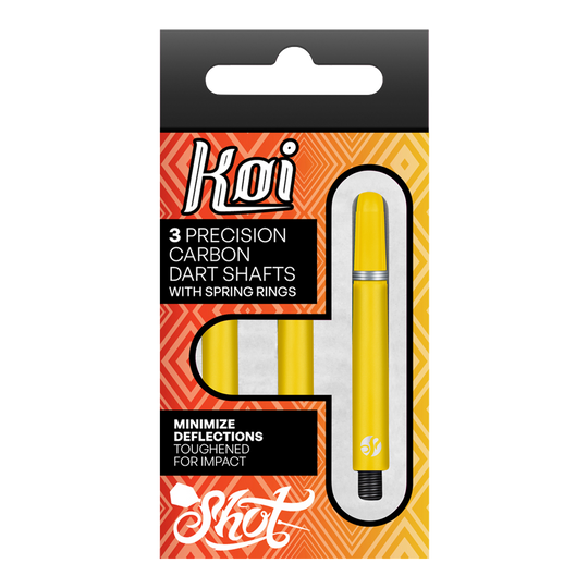 Shot Koi Carbon Shafts - Yellow Das Bild zeigt eine Packung mit drei gelben Präzisions-Carbon-Dartschäften der Marke Koi. Die Verpackung betont, dass die Schäfte mit Federringen ausgestattet sind und dazu dienen, Ablenkungen zu minimieren.