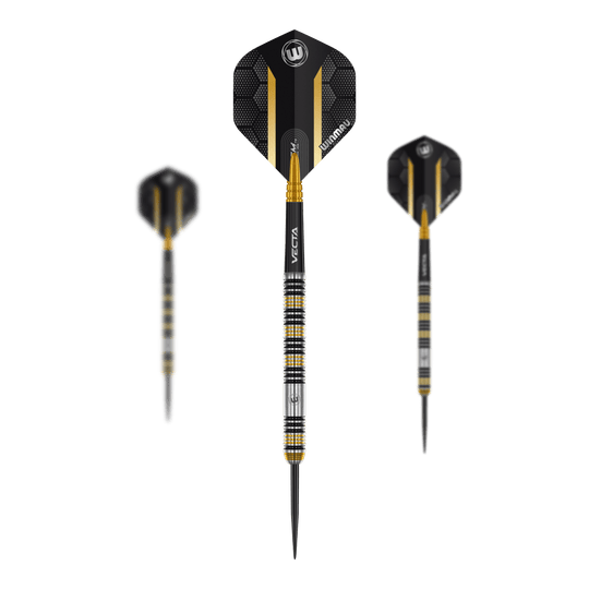 Zu sehen ist das Set der Winmau Team 360 Nicholai Bado Steeldarts - 23g. Es besteht aus hochwertigen Darts für ambitionierte Spieler.