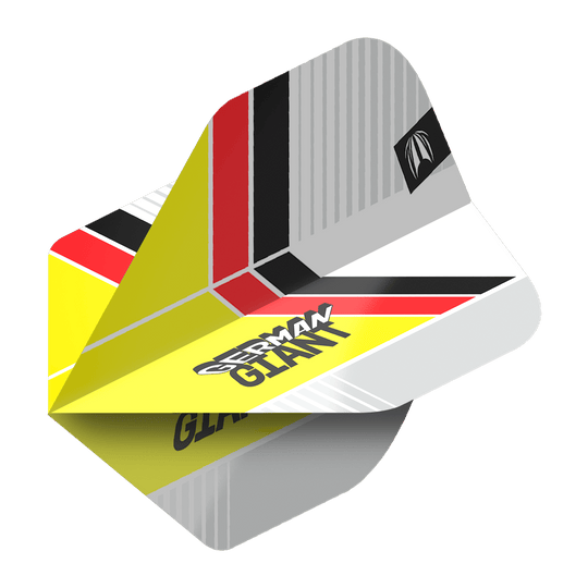 Target Pro Ultra Gabriel Clemens No2 Standard Flights - 3 Sets Das Bild zeigt einen Dartflight mit dem Design "German Giant" in gelb, schwarz, rot und weiß. Es handelt sich um das Produkt "Target Pro Ultra Gabriel Clemens No2 Standard Flights - 3 Sets".