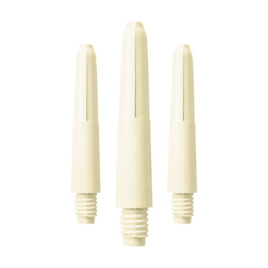 575_Nylon_Shafts_Naturweiss_28mm_1 Das Bild zeigt drei Nylon-Schäfte in Naturweiß. Sie haben ein Schraubgewinde am unteren Ende.