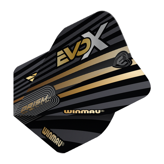Das Bild zeigt die Winmau Prism Delta MvG Evo-X No2 Standard Flights. Die Flights sind schwarz-gold gestaltet und mit den Aufschriften "EVO X", "WINMAU" und "PRISM DELTA" versehen.