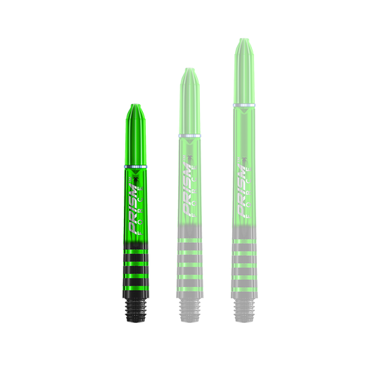 7020-105_Winmau_Prism_Force_Shafts_Gr-n_35mm_1m88EFefNJjuRf Das Bild zeigt drei grüne Dartschäfte in unterschiedlichen Längen. Sie haben schwarze Streifen und den Schriftzug "PRISM FORCE" aufgedruckt.