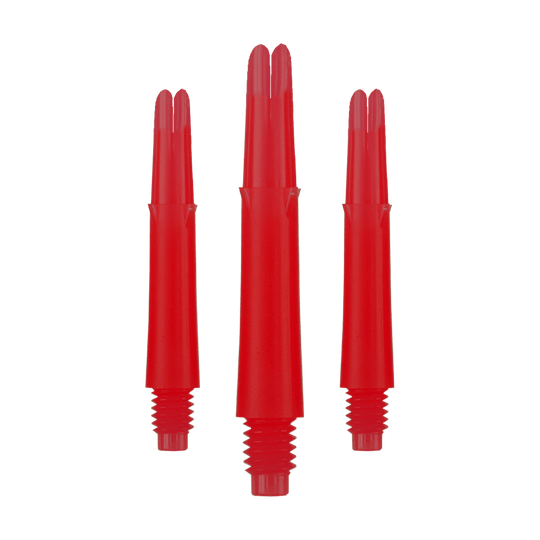 L-L-Style-Shafts Locked Straight - Red Auf dem Bild sind drei rote, gerade Dartschäfte zu sehen. Sie haben ein Schraubgewinde am unteren Ende und sind jeweils 32 mm lang.