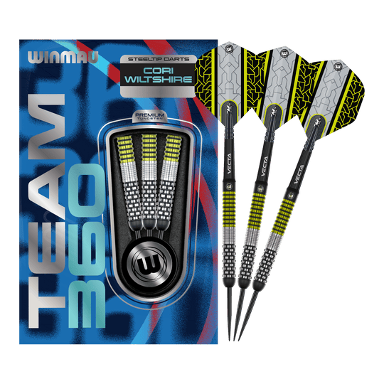 Winmau Team 360 Cori Wiltshire Steel Darts - 24g Das Bild zeigt die Winmau Team 360 Cori Wiltshire Steeldarts mit 24 Gramm. Diese hochwertigen Steeldarts sind für professionelle Dartspieler geeignet.