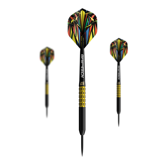 GOAT Athlete Yellow Tungsten Steel Darts Das Bild zeigt einen gelben Tungsten-Steeldart. Das Produkt ist unter dem Namen 'GD7000770 GOAT Athlete Yellow Tungsten Steeldarts 1 Set' bekannt.
