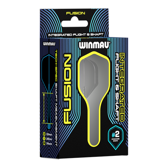 Winmau Fusion Flight Shaft System Standard Smokey Auf dem Bild ist eine Verpackung des Winmau Fusion Integrated Flight & Shaft Systems zu sehen. Das Produkt hat die Größe 22 mm und ist in der Farbe "Smokey" erhältlich.
