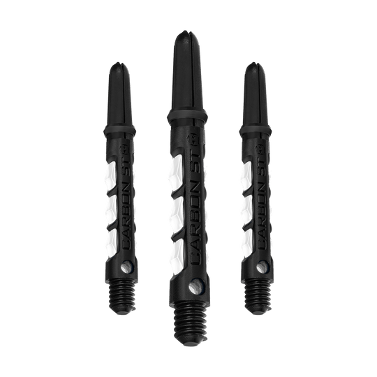 Das Bild zeigt drei weiße Harrows Carbon ST Shafts für Dartpfeile. Die Schäfte haben ein modernes, schwarzes und weißes Design.