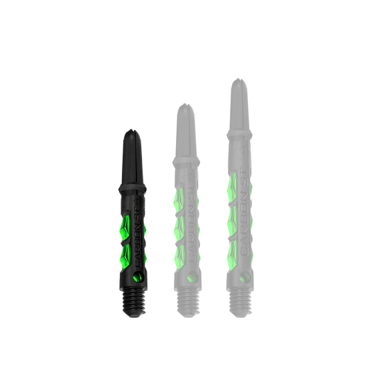 Das Bild zeigt drei Harrows Carbon ST Shafts in der Farbe Grün. Die Shafts sind jeweils in unterschiedlichen Längen angeordnet.