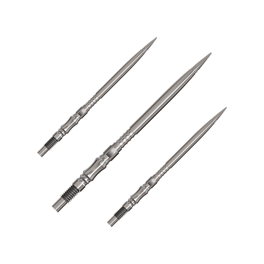 Harrows Quick Point Axis Elite Series Dartspitzen - Silber Axis Silver Elite Serie Dartspitzen in 40mm werden gezeigt. Die Spitzen sind silberfarben.