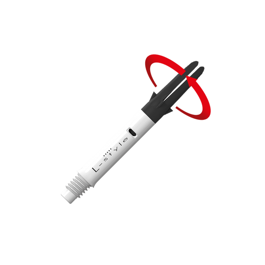 Das Bild zeigt einen weißen und schwarzen Dartshaft mit der Aufschrift "L-style". Ein roter Pfeil deutet auf eine Drehbewegung an der oberen schwarzen Spitze des Schafts hin.