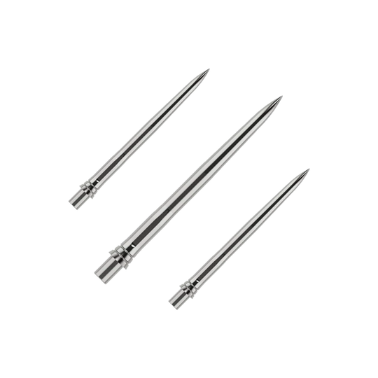 Das Bild zeigt silberne Dartspitzen mit einer glatten Oberfläche, wahrscheinlich aus Metall. Die Dartspitzen sind 28mm lang und werden als Set präsentiert.