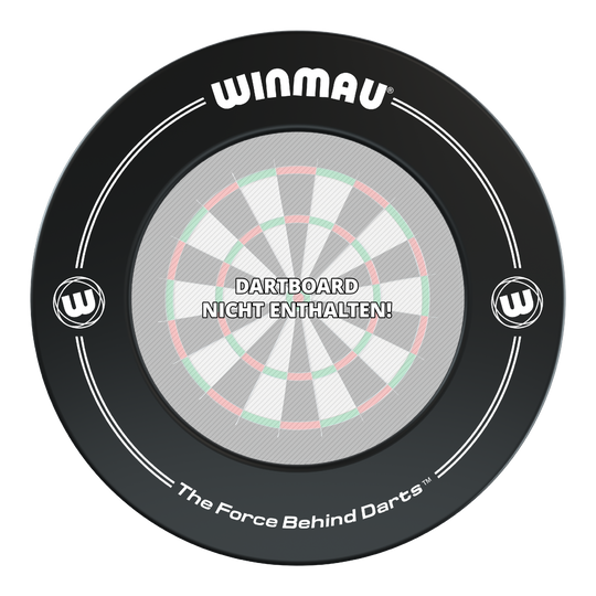 Winmau Dartboard Surround 2022 Das Bild zeigt einen schwarzen Dartboard-Surround der Marke Winmau. In der Mitte steht der Hinweis: "Dartboard nicht enthalten!"