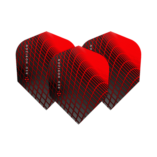 Das Bild zeigt drei Harrows Prime Red Horizon No6 Flights mit einem auffälligen roten und schwarzen Gitterdesign. Auf den Flights steht der Schriftzug "Red Horizon" seitlich geschrieben.