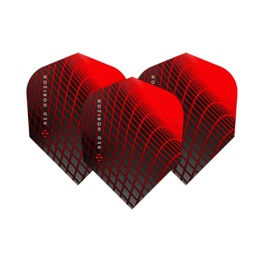 HR69_Harrows_Prime_Red_Horizon_No6_Flights_1D10FxMoagcznt Das Bild zeigt drei Harrows Prime Red Horizon No6 Flights mit einem auffälligen roten und schwarzen Gitterdesign. Auf den Flights steht der Schriftzug "Red Horizon" seitlich geschrieben.