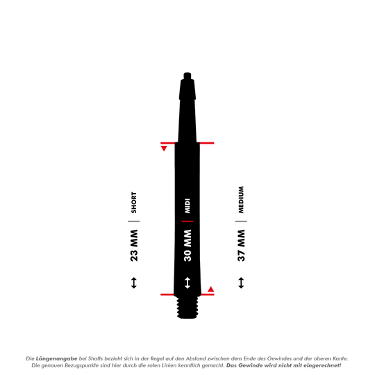 HRC12619_Harrows_Clic_Standard_Shafts_5_30mm Das Bild zeigt die Harrows Clic Standard Shafts in Schwarz mit drei Längenoptionen: Short (23 mm), Midi (30 mm) und Medium (37 mm). Die Längen werden zwischen den roten Linien gemessen, das Gewinde ist nicht mit eingerechnet.