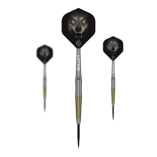 Das Bild präsentiert ein Set der Bullet Fang Steeldarts. Mehrere Darts sind als Set zusammen abgebildet.