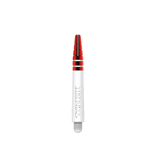 C803_Red_Dragon_Nitrotech_Peter_Wright_White_Red_Shafts_39mm_12xmZopmpw5NS1 Das Bild zeigt einen Red Dragon Nitrotech Peter Wright Red Shaft in 39 mm Länge. Der Schaft ist weiß mit roten und silbernen Akzenten gestaltet und trägt die Aufschrift "Snakebite".