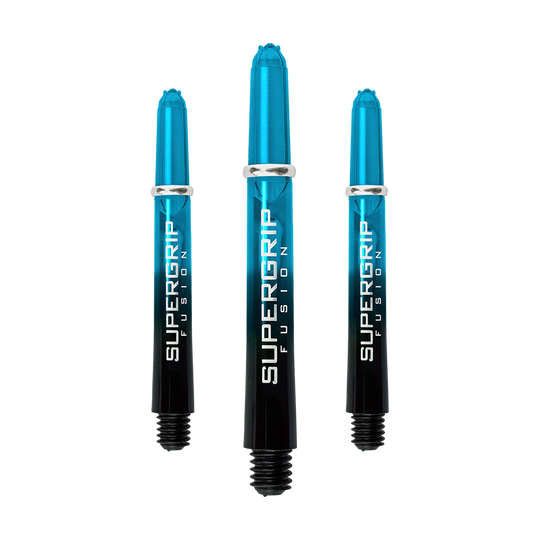Das Bild zeigt drei Harrows Supergrip Fusion Shafts in der Farbe Aqua. Die Shafts sind oben blau und unten schwarz mit weißer Schrift.