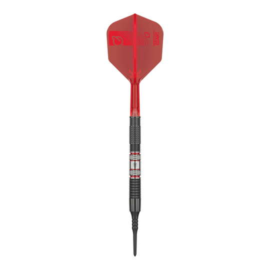 Target Gabriel Clemens 95K soft darts - 19g Das Bild zeigt einen Softdartpfeil des Modells „Target Gabriel Clemens 95K Softdarts - 19g“. Der Pfeil hat eine rote Flight, einen schwarzen Griffbereich und eine schwarze Spitze.