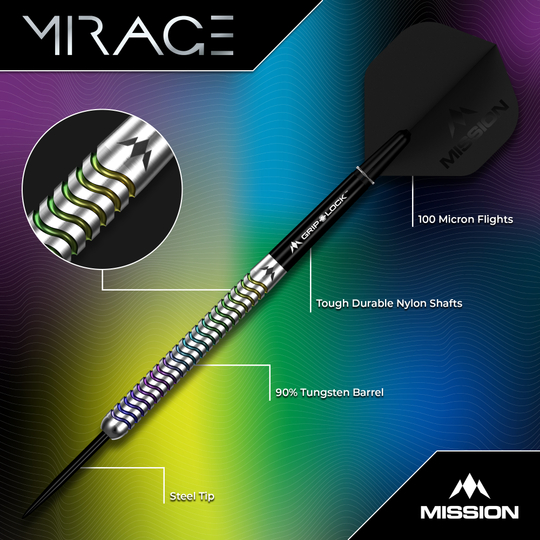 Mission Mirage Steel Darts Mission Mirage Steeldarts sind für das Dartspiel entwickelt. Diese Aufnahme stellt das Modell in Nahaufnahme dar.