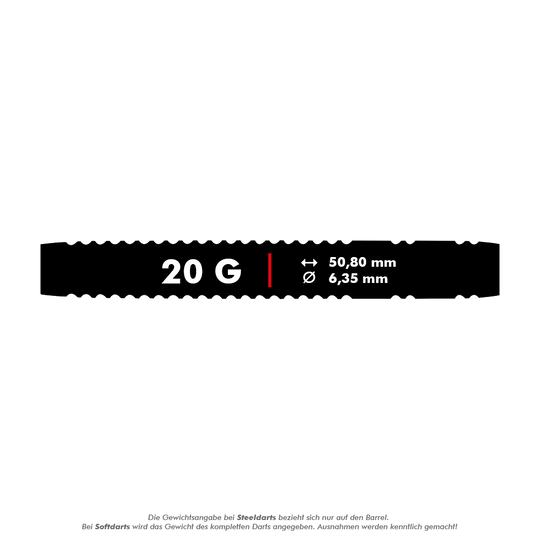 2429_Winmau_Overdrive_Softdarts_5_20gtURdxBTF4dg6E Das Bild zeigt die Produktinformationen der Winmau Overdrive Softdarts mit einem Gewicht von 20 Gramm. Die Darts haben eine Länge von 50,80 mm und einen Durchmesser von 6,35 mm.