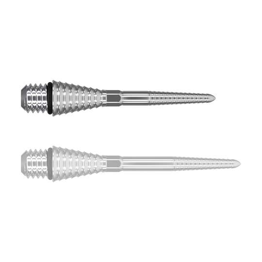 380180_Target_Titanium_Swiss_Point_Grooved_Conversion_Points_Silber_26mm_10YAdudCzG7xN4 Das Bild zeigt zwei silberne, geriffelte Spitzen, die nebeneinander liegen. Sie wirken metallisch und haben eine konische Form mit gewindeförmigem Ende.