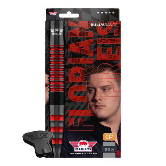 Zu sehen sind Bulls NL Florian Preis 90 Convertible Point Steeldarts. Das Set enthält mehrere Darts.