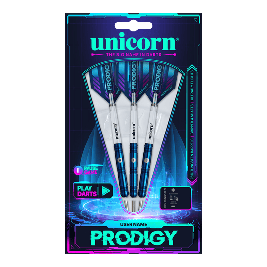 Das Bild zeigt die Verpackung der "Unicorn Prodigy 01 Parallel Steeldarts". Drei blaue Steeldarts sind in einer modernen, futuristisch gestalteten Packung präsentiert.