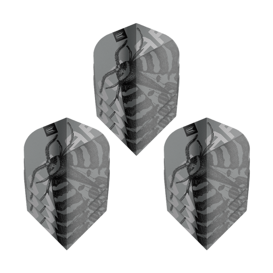 Target Pro Ultra Volar No6 Flights - 3 Sets Das Bild zeigt drei Sets von Target Pro Ultra Volar No6 Flights. Die Flights sind grau mit einem schwarzen Insektenmuster gestaltet.