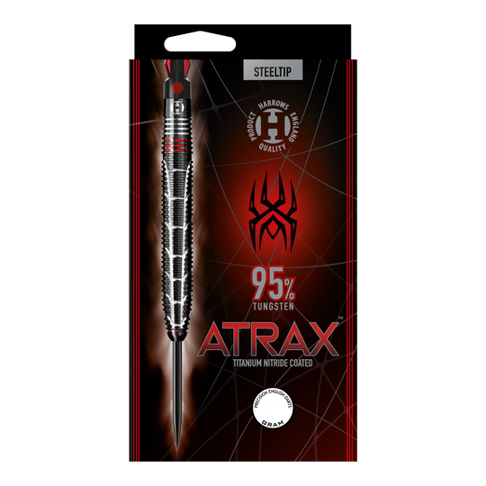 Harrows Atrax Steeldarts Auf dem Bild ist eine Verpackung für Steeldarts der Marke Harrows zu sehen. Die Darts bestehen zu 95% aus Tungsten und sind mit Titan-Nitrid beschichtet.