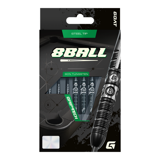 Das Bild stellt die GOAT 8Ball Steeldarts dar. Details des Dartpfeils sind klar erkennbar.