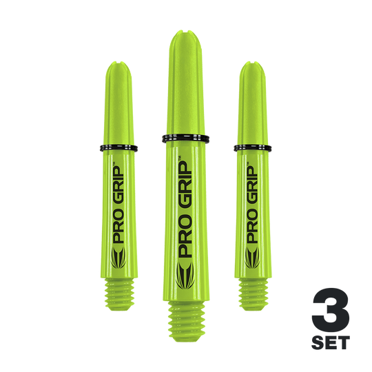 Target Pro Grip Shafts - 3 Sets - Lime Green Das Bild zeigt drei limegrüne Pro Grip Shafts für Dartpfeile. Unten rechts steht "3 Set", was anzeigt, dass es sich um ein Set mit drei Stück handelt.